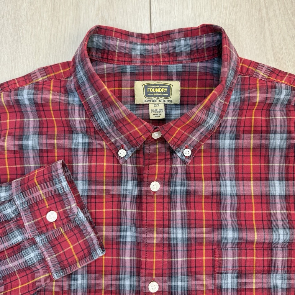 Foundry Supply Co Mens XLT Plaid Button Down Shirt Red Gray Stretch Cotton